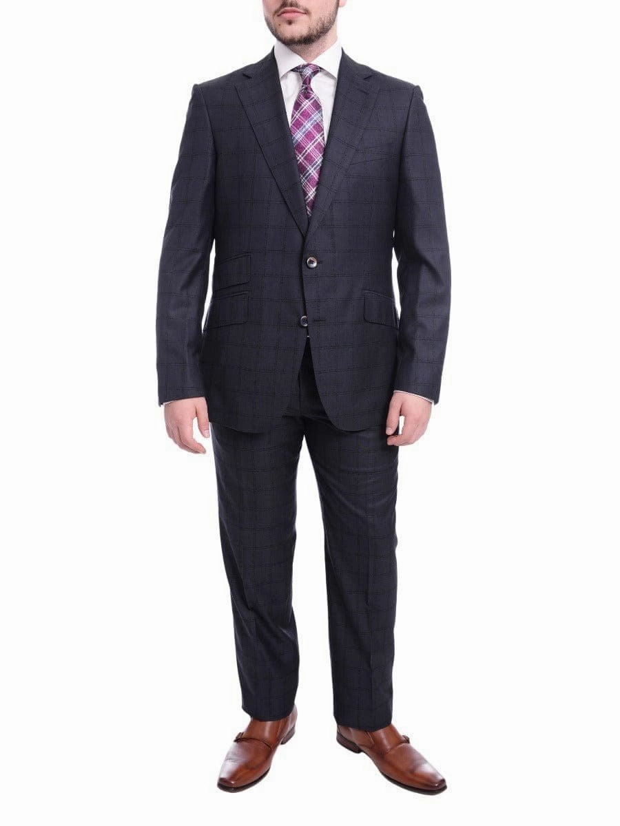 Robert Graham Modern Fit Navy Blue Windowpane Two Button Wool Silk Blend Suit
