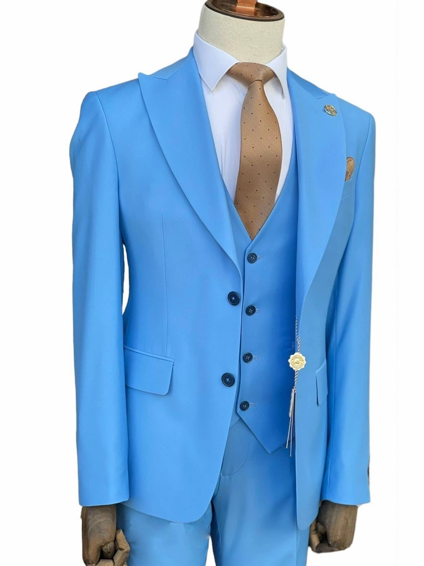 Romaster Mens Solid Light Blue Wool Blend 3 Piece Slim Fit Suit With Peak Lapels