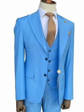 Romaster Mens Solid Light Blue Wool Blend 3 Piece Slim Fit Suit With Peak Lapels
