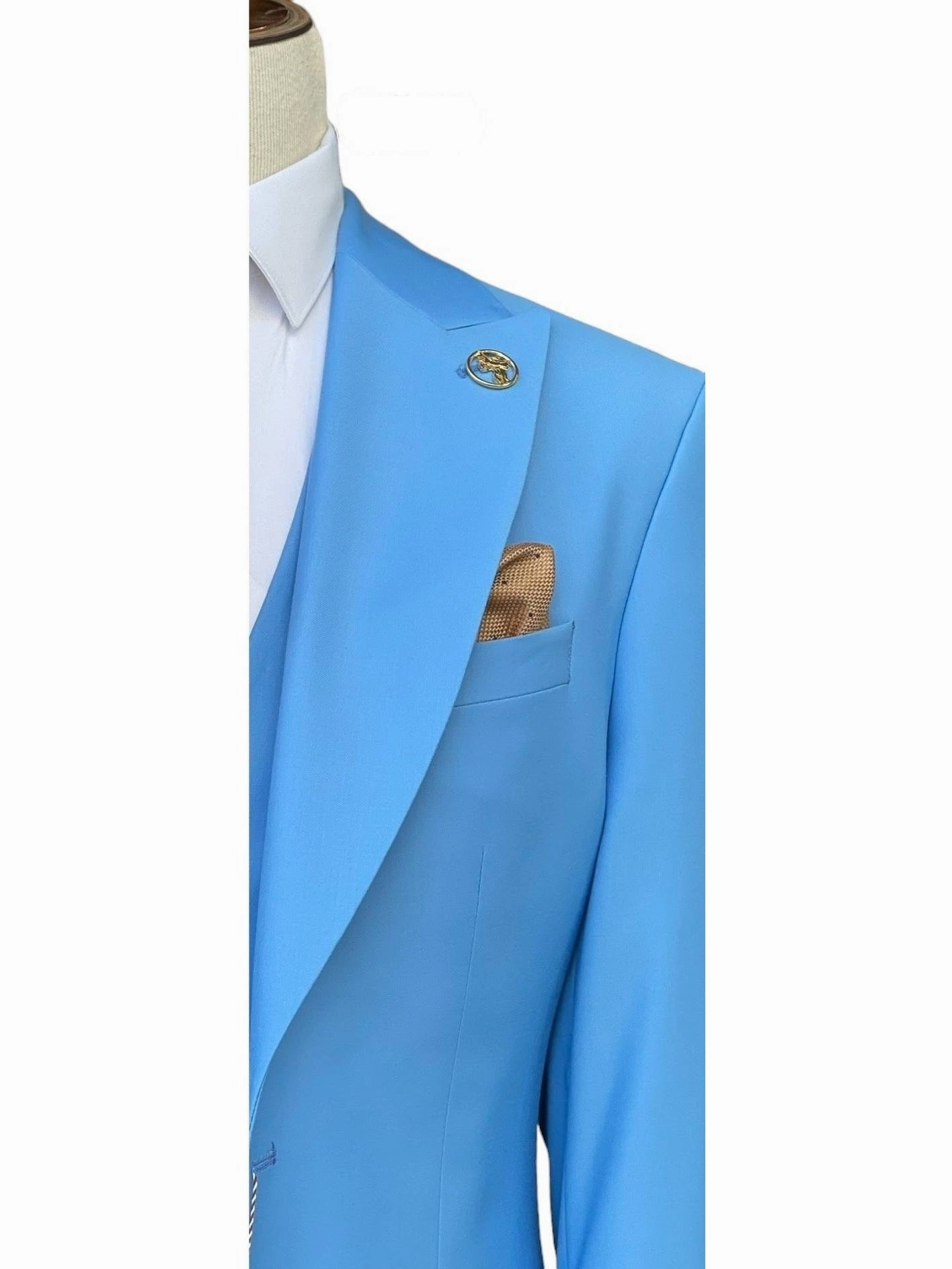 Romaster Mens Solid Light Blue Wool Blend 3 Piece Slim Fit Suit With Peak Lapels