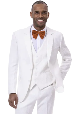 Rosette Collection: White Solid Textured Tone On Tone Three Piece Fashion Suit