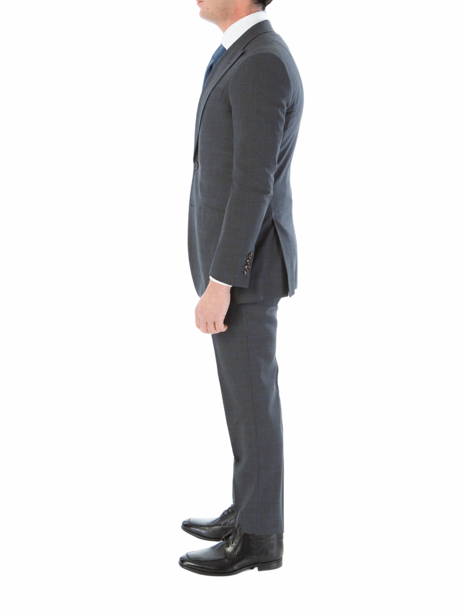 Sartoria Mazara Mens Classic Fit Charcoal Gray & Blue Check 100% Wool Suit With Peak Lapels