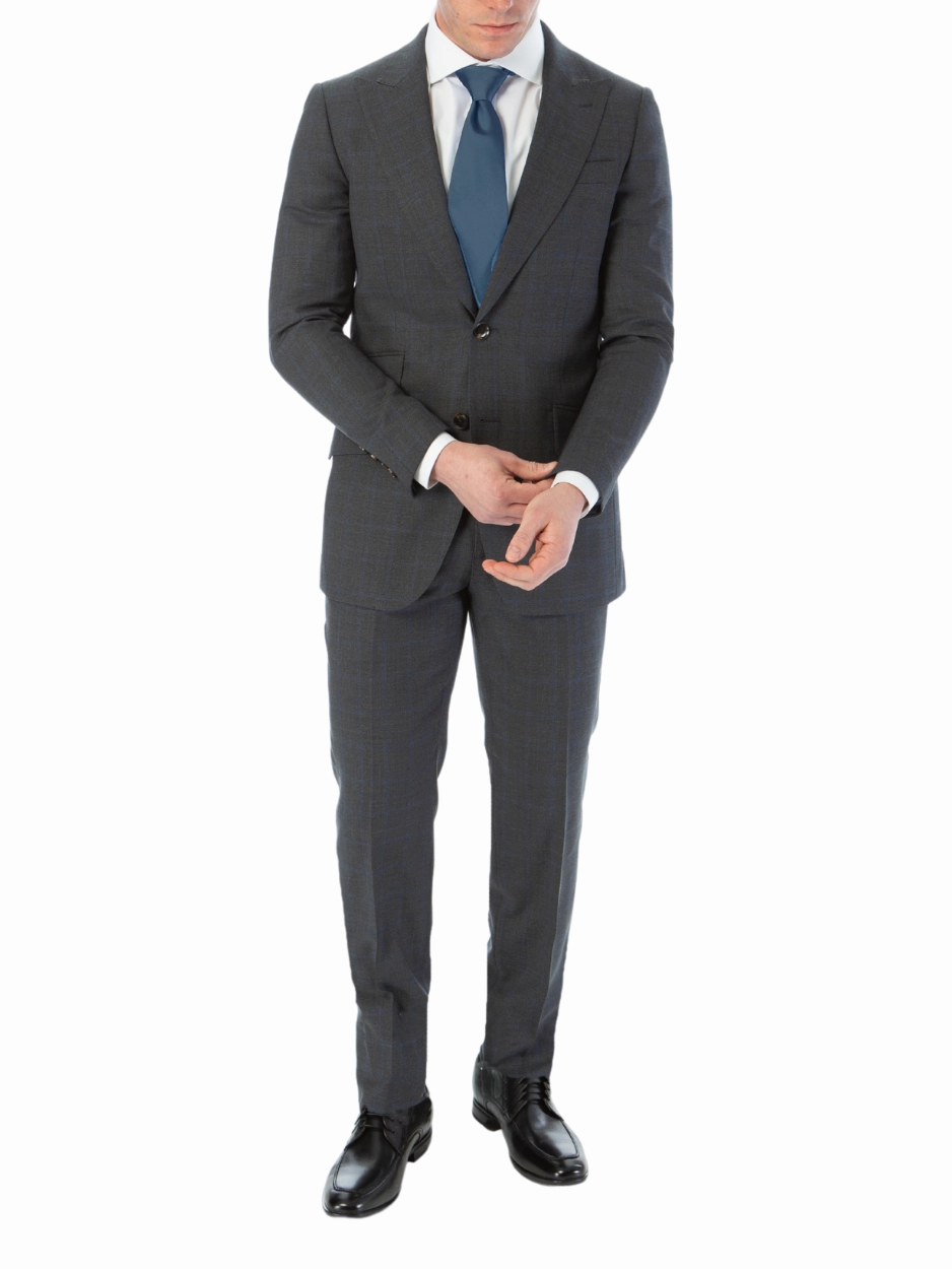 Sartoria Mazara Mens Classic Fit Charcoal Gray & Blue Check 100% Wool Suit With Peak Lapels