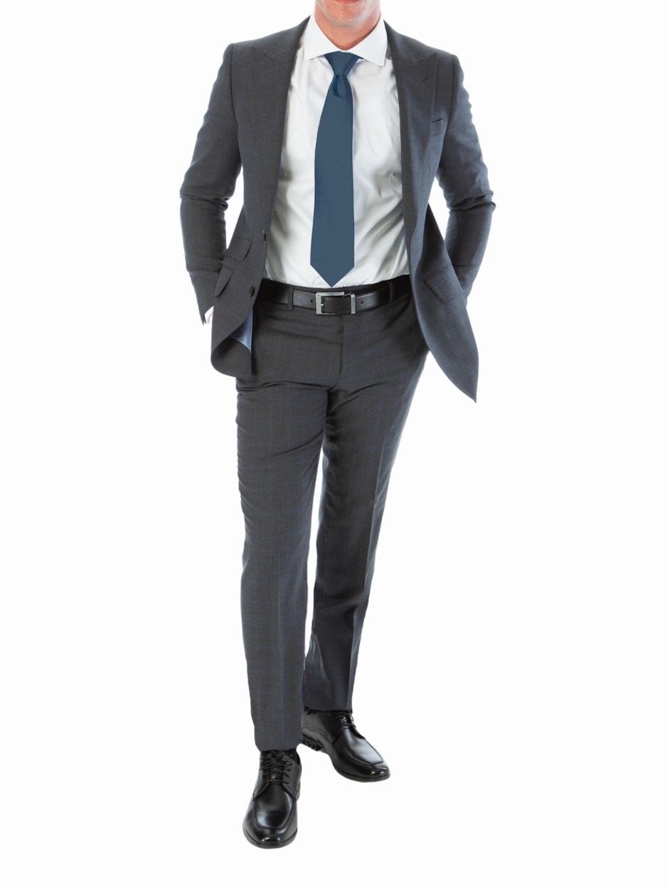 Sartoria Mazara Mens Classic Fit Charcoal Gray & Blue Check 100% Wool Suit With Peak Lapels