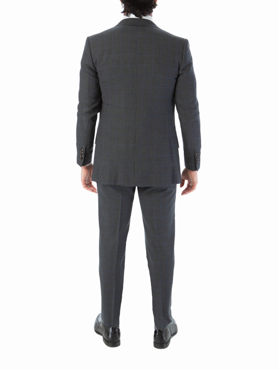 Sartoria Mazara Mens Classic Fit Charcoal Gray & Blue Check 100% Wool Suit With Peak Lapels
