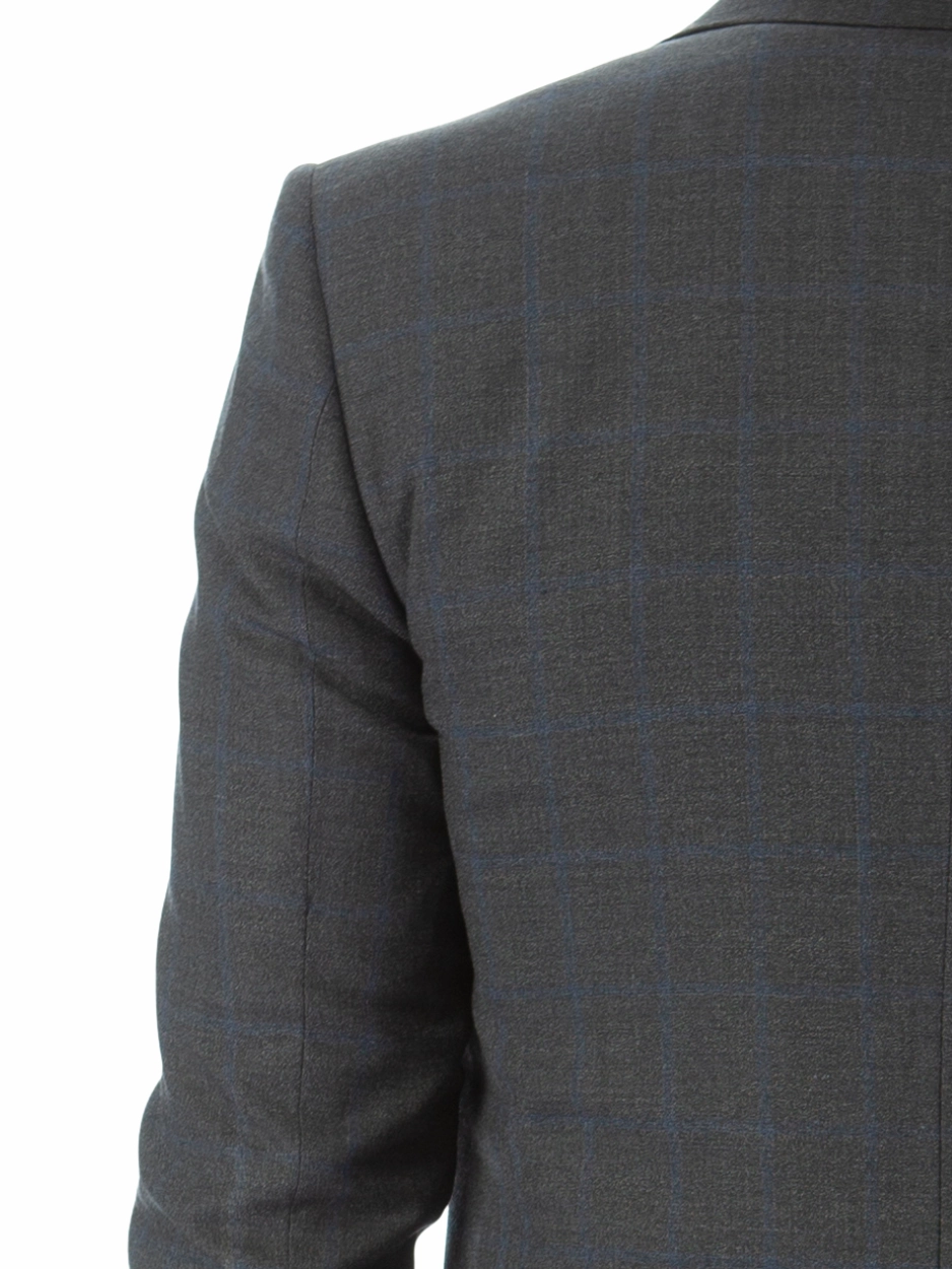 Sartoria Mazara Mens Classic Fit Charcoal Gray & Blue Check 100% Wool Suit With Peak Lapels