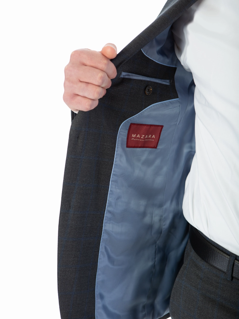 Sartoria Mazara Mens Classic Fit Charcoal Gray & Blue Check 100% Wool Suit With Peak Lapels