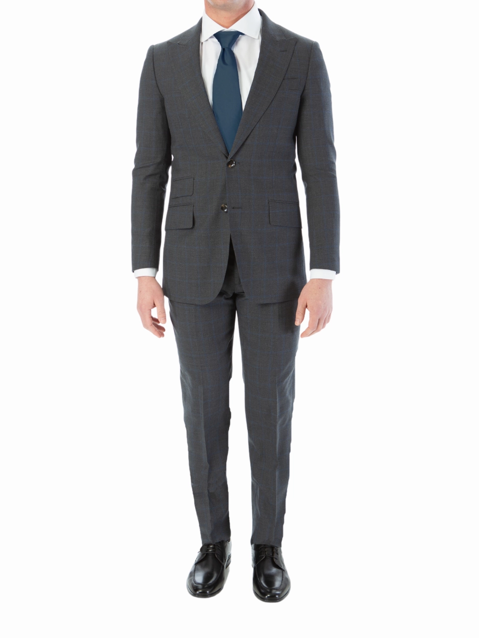 Sartoria Mazara Mens Classic Fit Charcoal Gray & Blue Check 100% Wool Suit With Peak Lapels