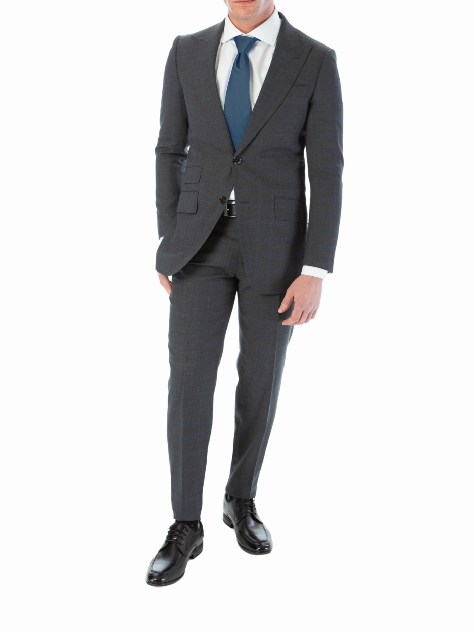 Sartoria Mazara Mens Classic Fit Charcoal Gray & Blue Check 100% Wool Suit With Peak Lapels