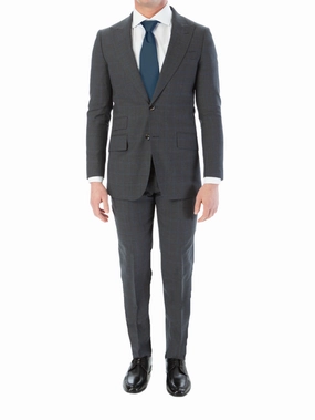 Sartoria Mazara Mens Classic Fit Charcoal Gray & Blue Check 100% Wool Suit With Peak Lapels