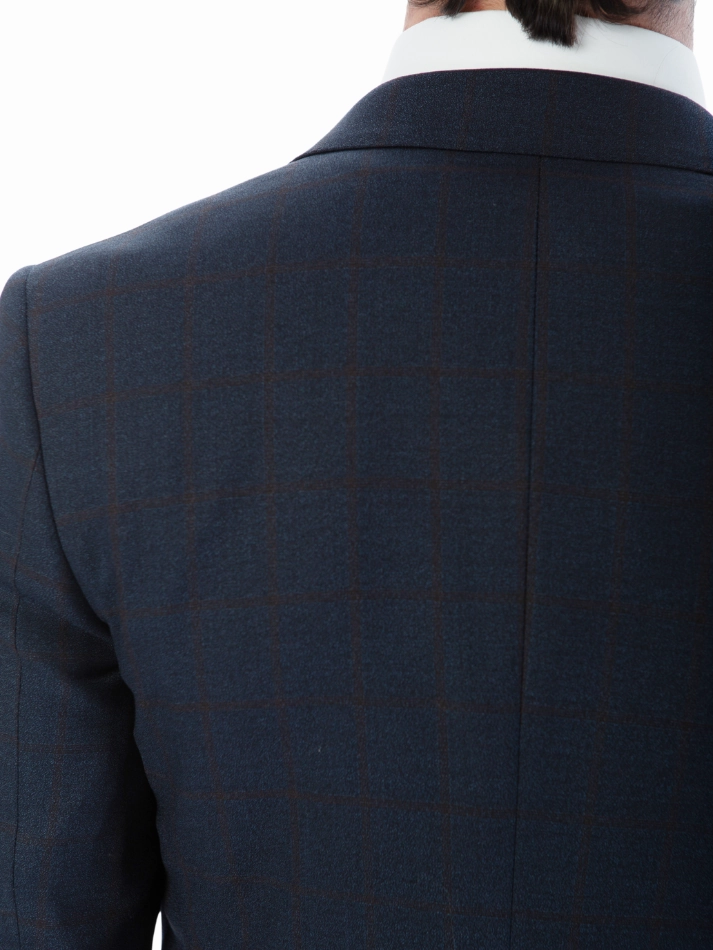 Sartoria Mazara Mens Classic Fit Navy & Brown Check 100% Wool 2 Piece Suit