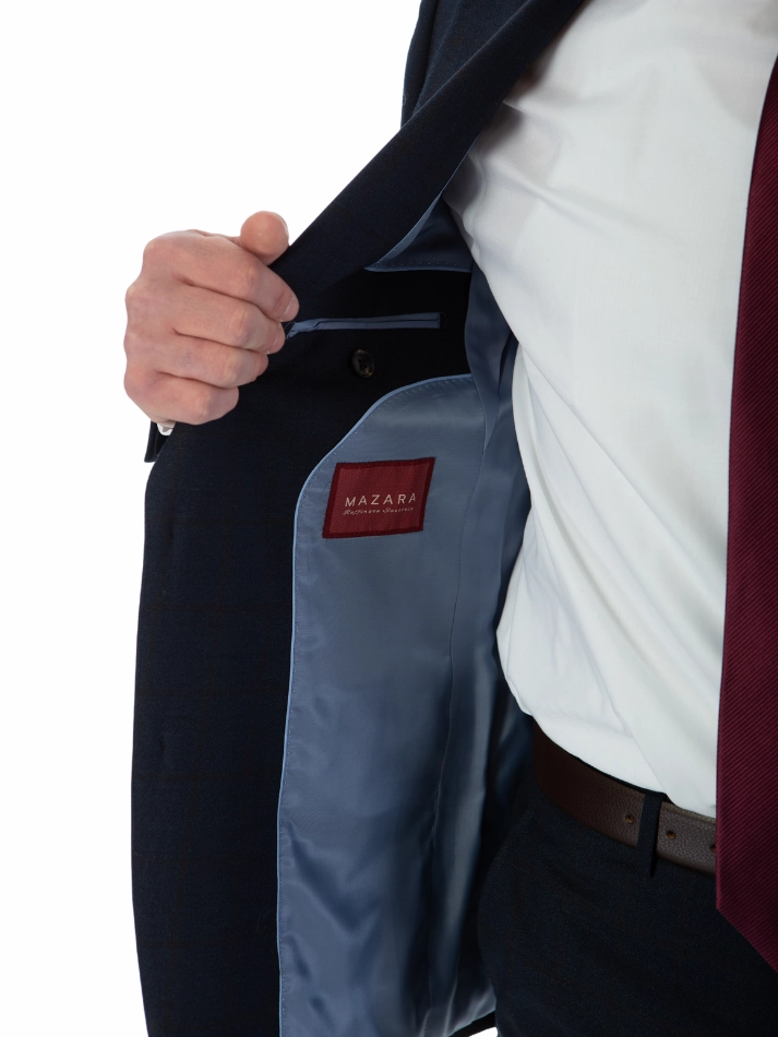 Sartoria Mazara Mens Classic Fit Navy & Brown Check 100% Wool 2 Piece Suit