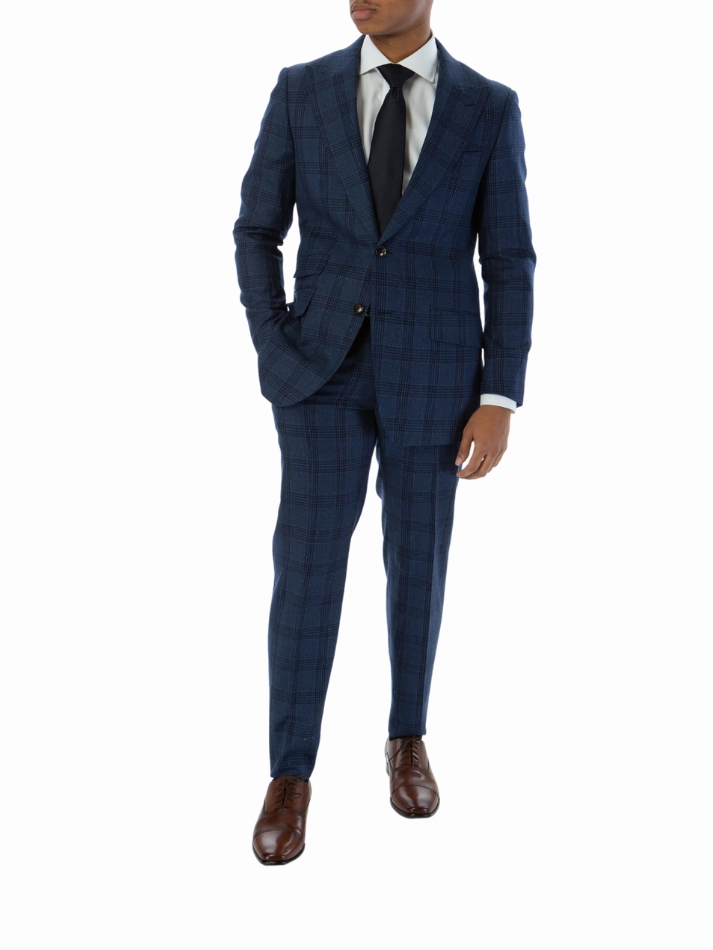 Sartoria Mazara Mens Classic Fit Navy Blue Plaid 100% Wool Suit With Peak Lapels