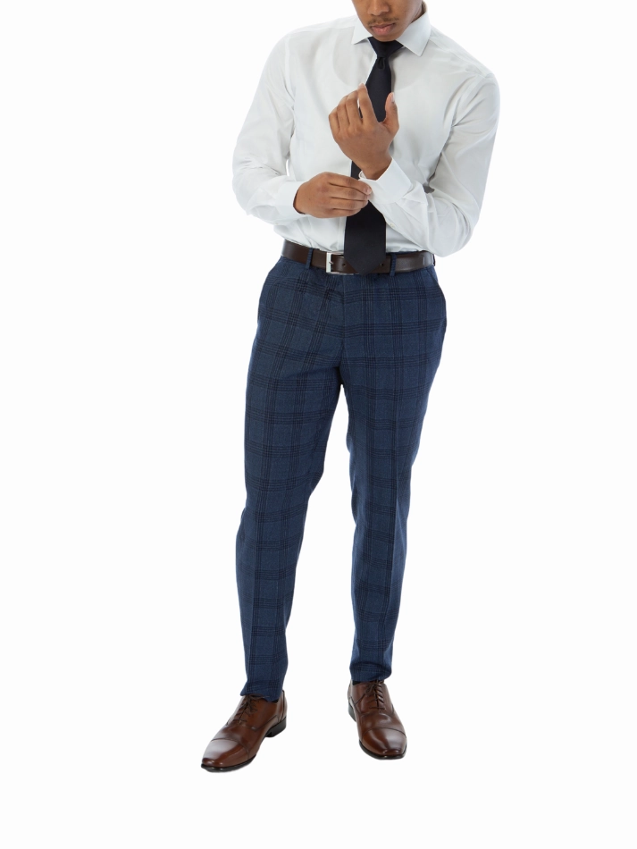 Sartoria Mazara Mens Classic Fit Navy Blue Plaid 100% Wool Suit With Peak Lapels