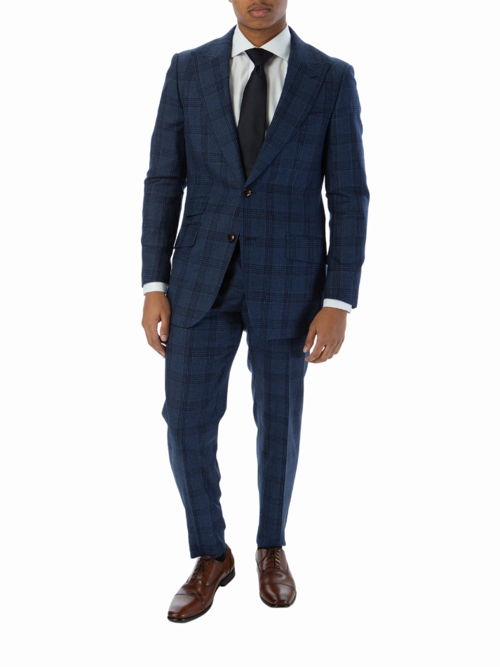 Sartoria Mazara Mens Classic Fit Navy Blue Plaid 100% Wool Suit With Peak Lapels