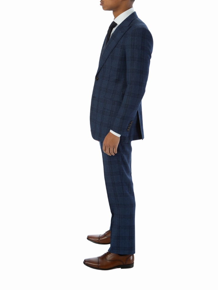 Sartoria Mazara Mens Classic Fit Navy Blue Plaid 100% Wool Suit With Peak Lapels