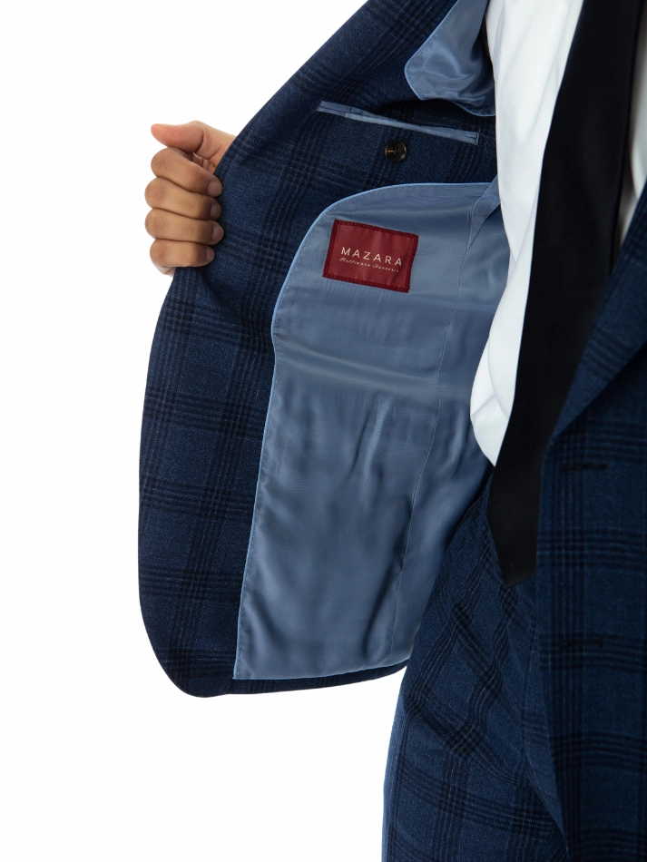 Sartoria Mazara Mens Classic Fit Navy Blue Plaid 100% Wool Suit With Peak Lapels