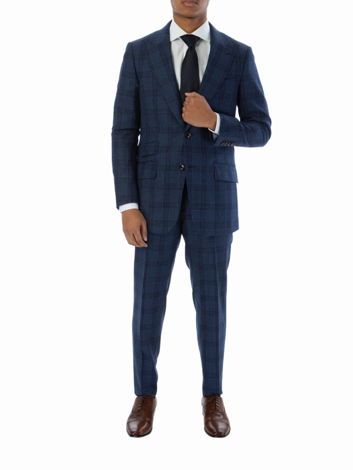 Sartoria Mazara Mens Classic Fit Navy Blue Plaid 100% Wool Suit With Peak Lapels