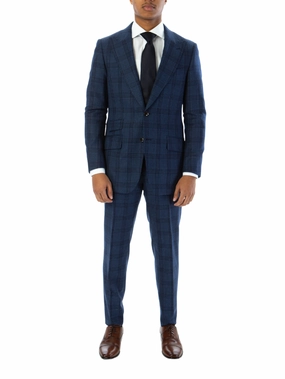 Sartoria Mazara Mens Classic Fit Navy Blue Plaid 100% Wool Suit With Peak Lapels