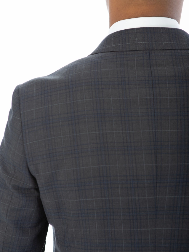 Sartoria Mazara Mens Gray With Blue Windowpane Slim Fit 100% Wool Suit With Peak Lapels