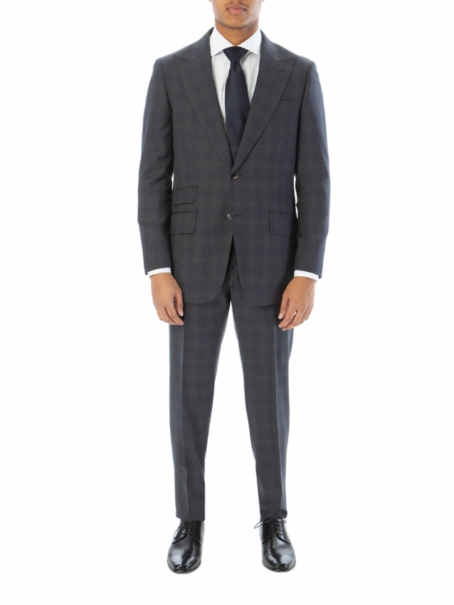 Sartoria Mazara Mens Gray With Blue Windowpane Slim Fit 100% Wool Suit With Peak Lapels