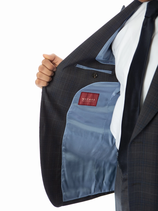 Sartoria Mazara Mens Gray With Blue Windowpane Slim Fit 100% Wool Suit With Peak Lapels