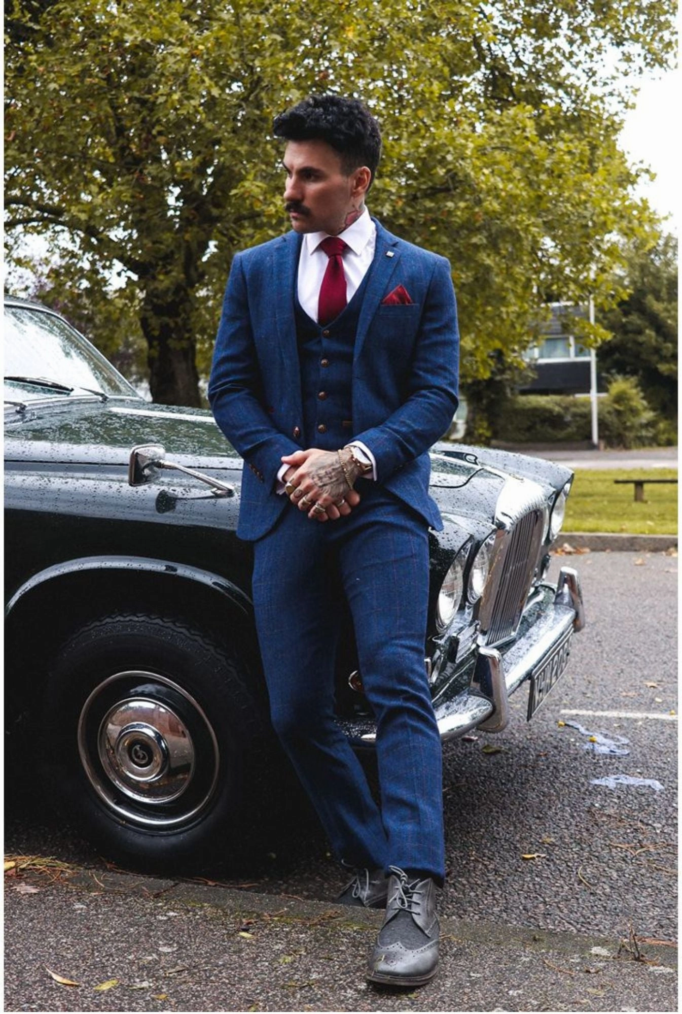 Scott Blue 3 Piece Tweed Check Suit