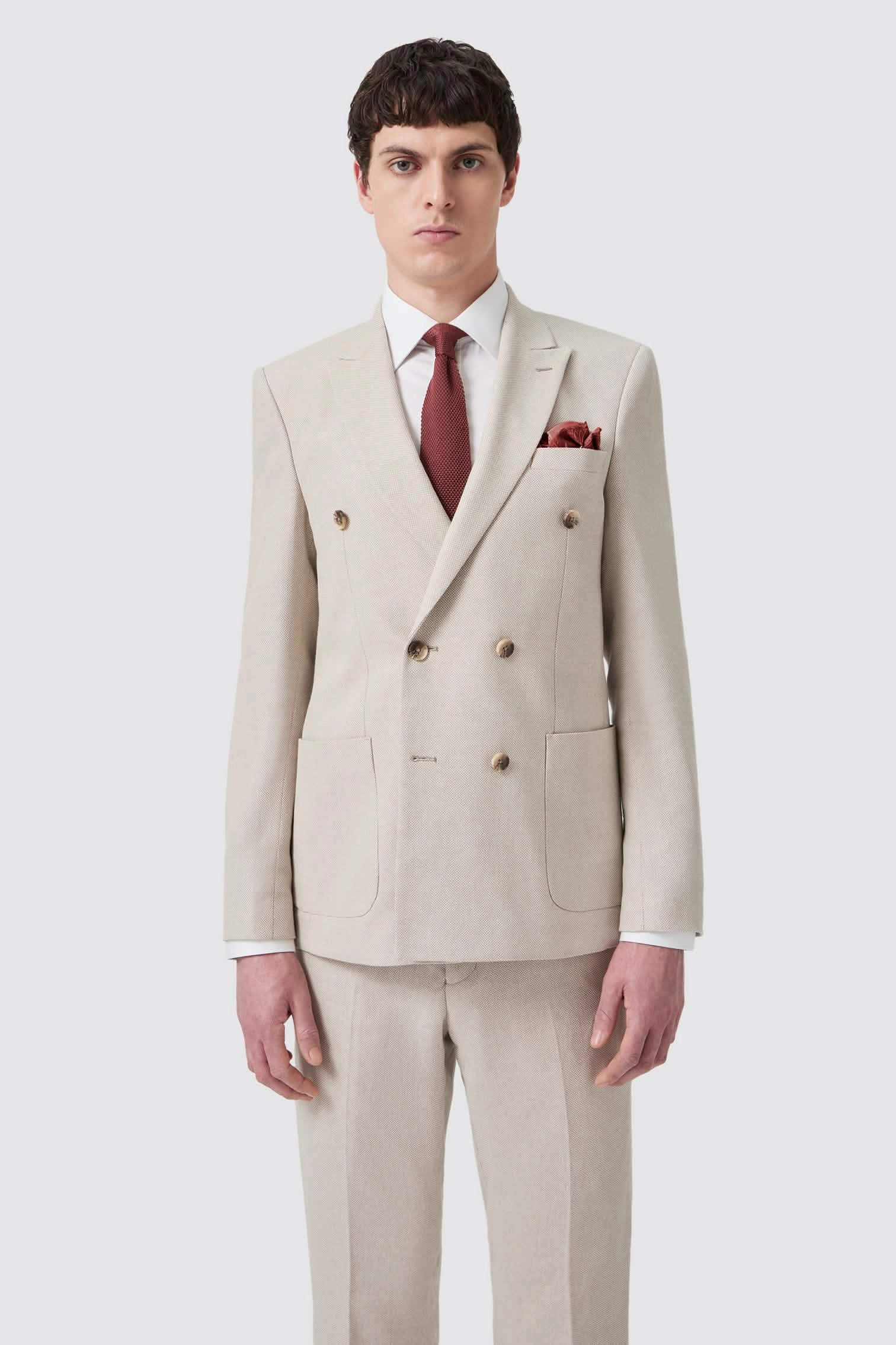 Sion Slim Fit Double Breasted Brown Herringbone Suit
