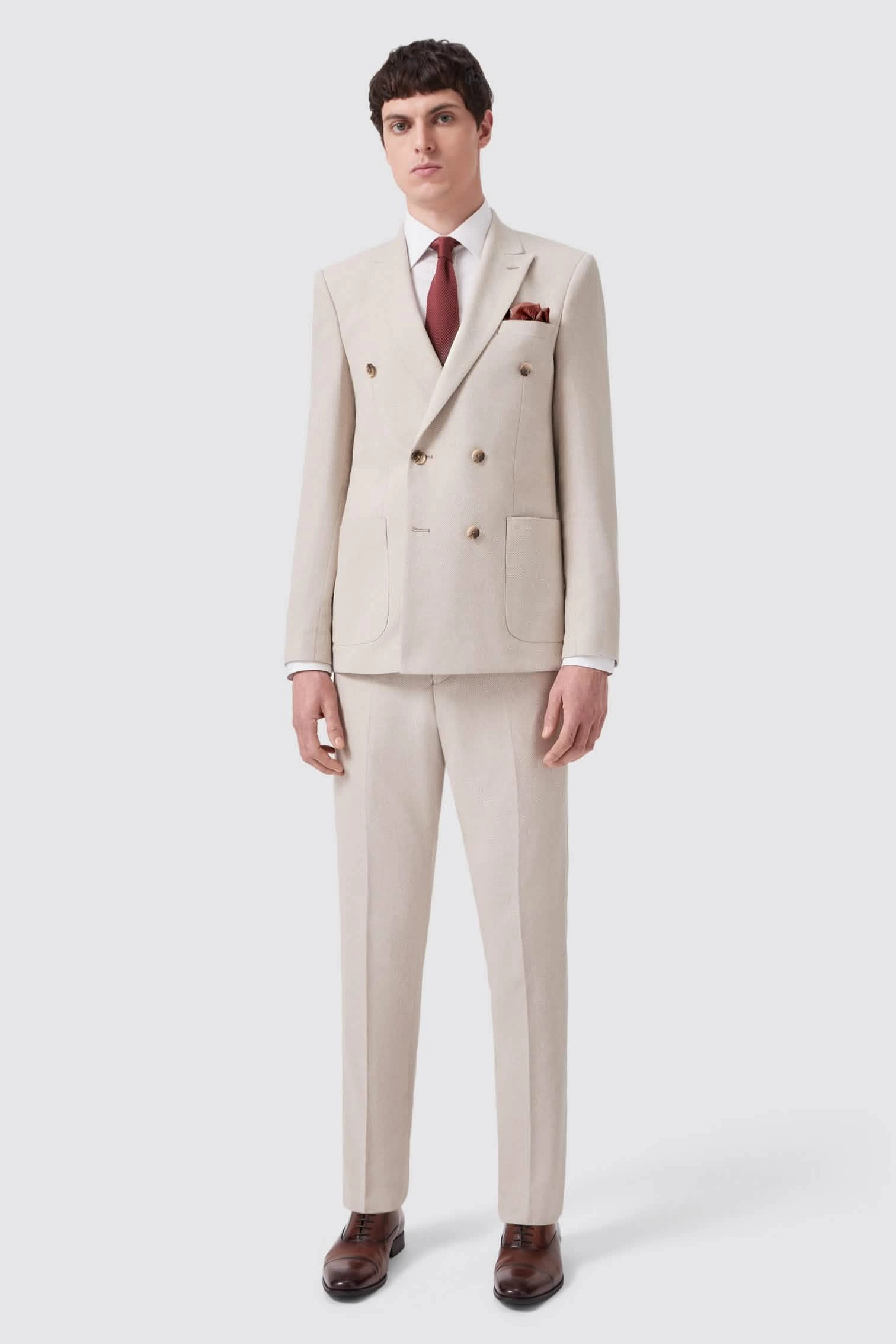 Sion Slim Fit Double Breasted Brown Herringbone Suit