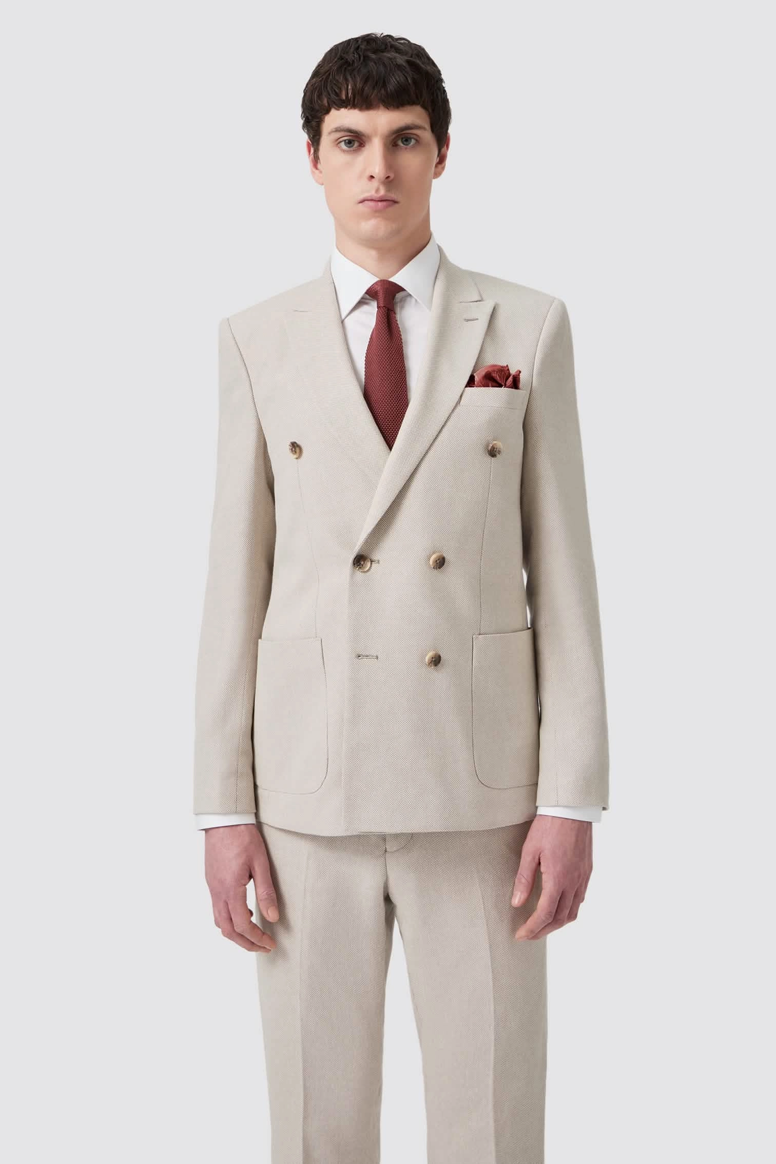 Sion Slim Fit Double Breasted Brown Herringbone Suit