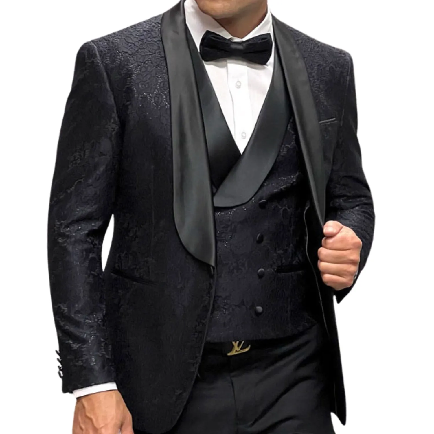 Slickora Collection: Black 3-Piece Fancy Lace Tuxedo with Double-Breasted Vest