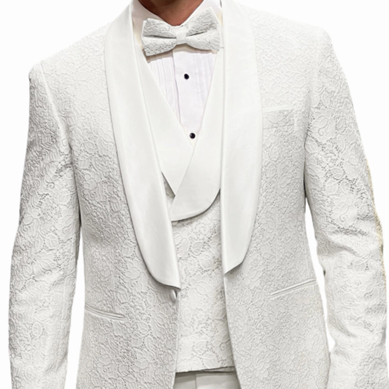Slickora Collection: White 3-Piece Fancy Lace Tuxedo with Double-Breasted Vest
