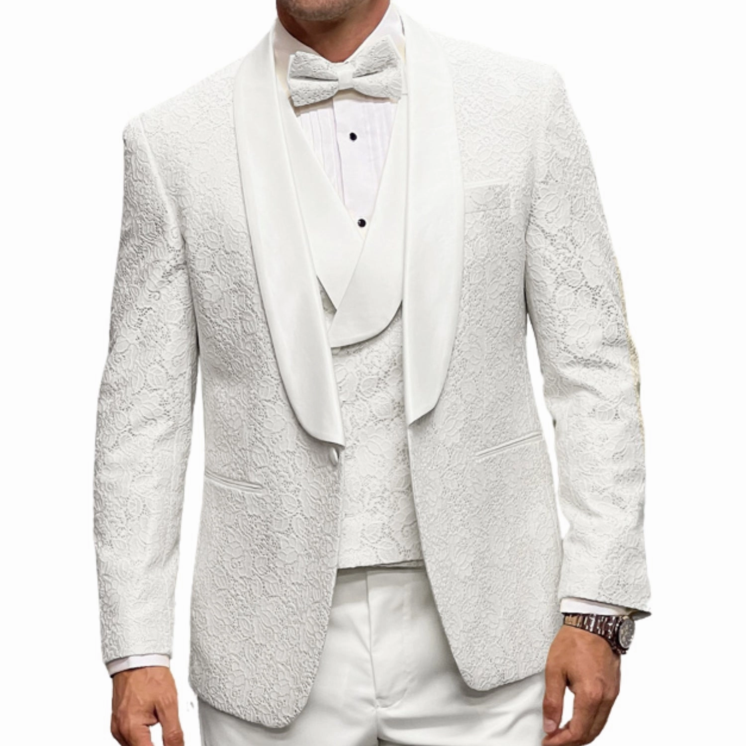 Slickora Collection: White 3-Piece Fancy Lace Tuxedo with Double-Breasted Vest