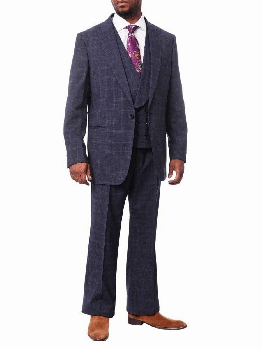 Steven Land Mens Blue Plaid 100% Wool Classic Fit 3 Piece Suit