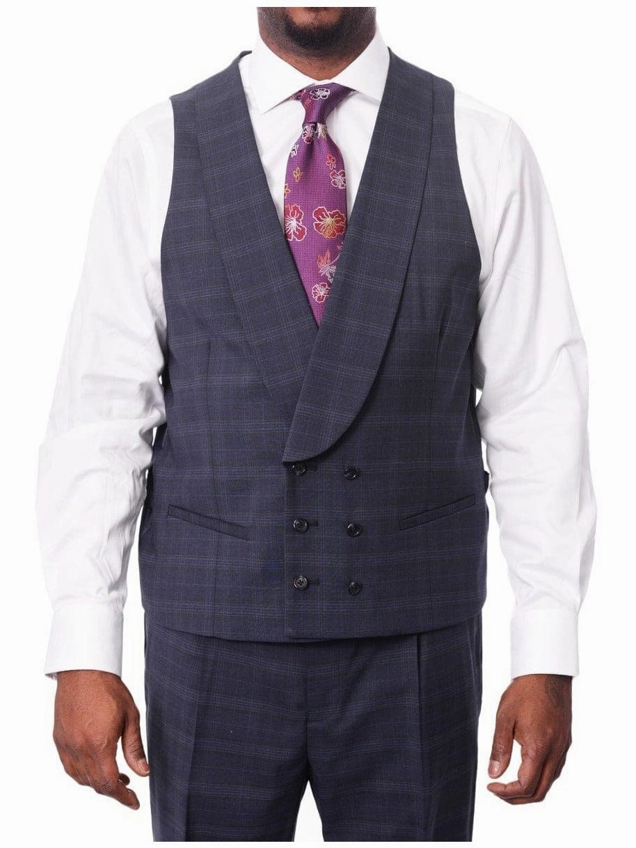 Steven Land Mens Blue Plaid 100% Wool Classic Fit 3 Piece Suit