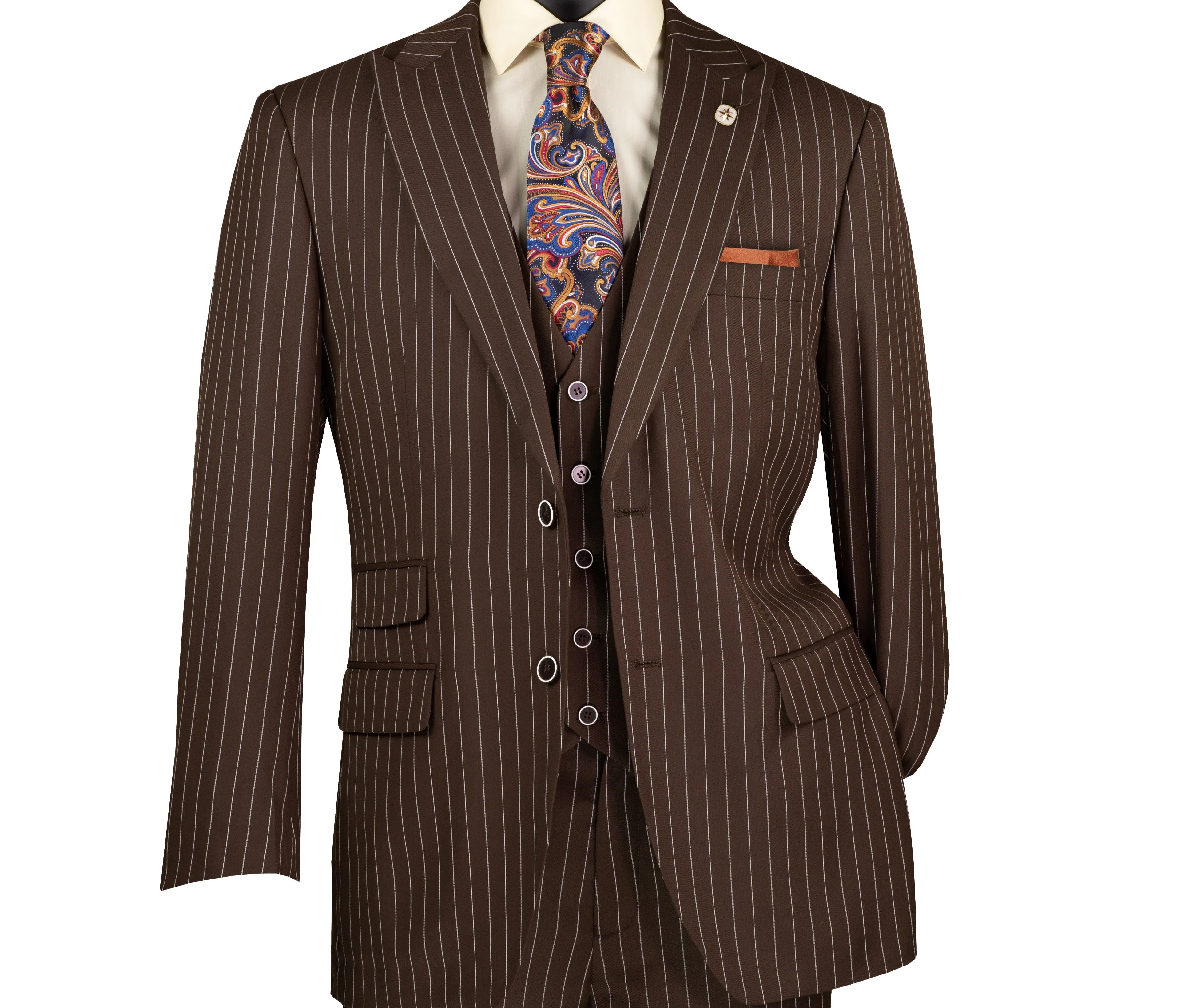 Suitania Collection: Brown 3 Piece Pinstripe Single Breasted Regular Fit Suit