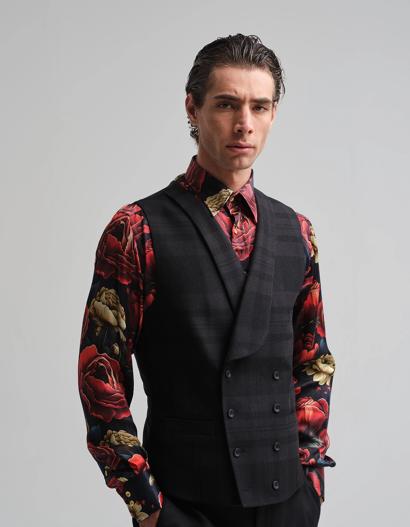 Tonal Black Tartan Waistcoat