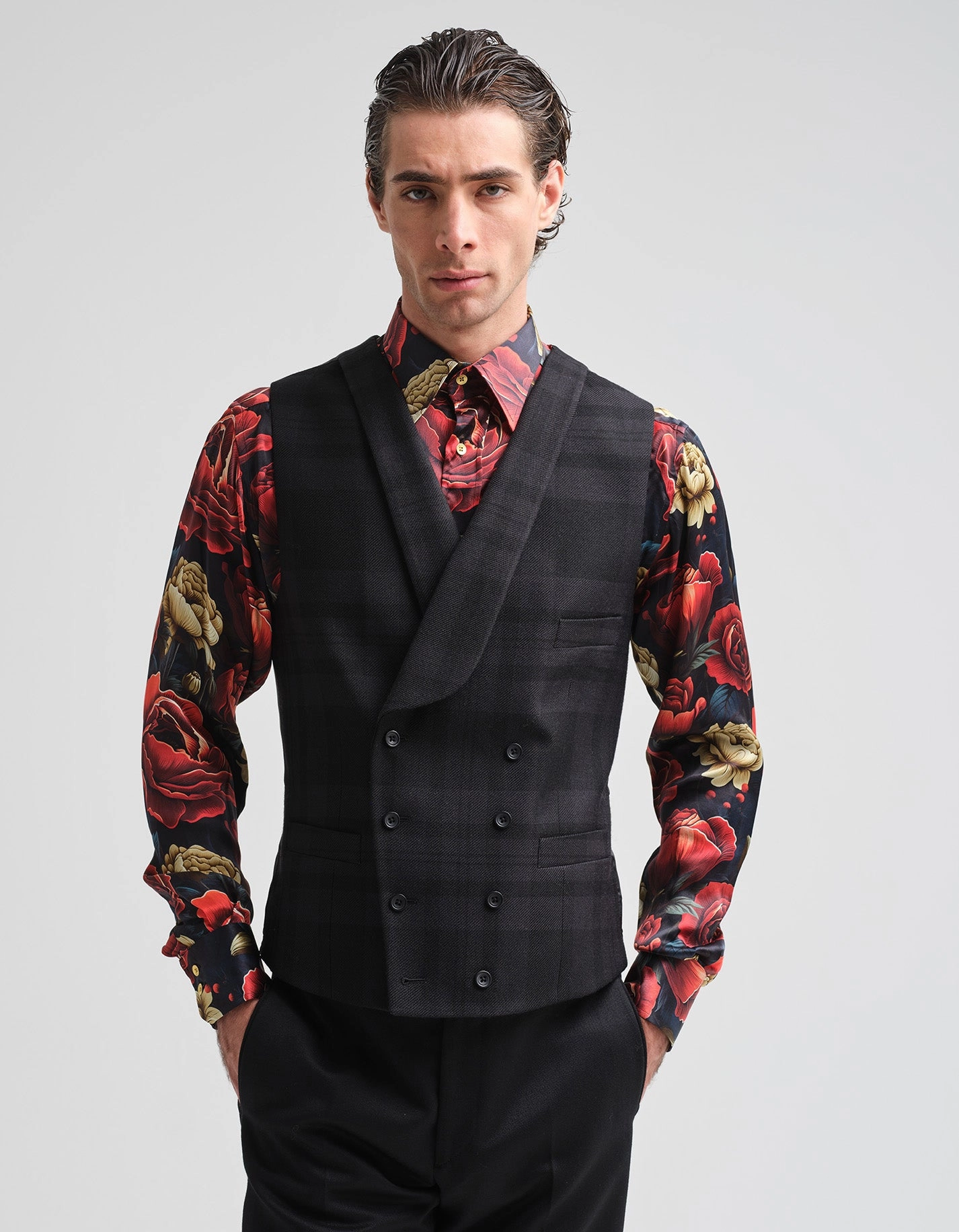 Tonal Black Tartan Waistcoat