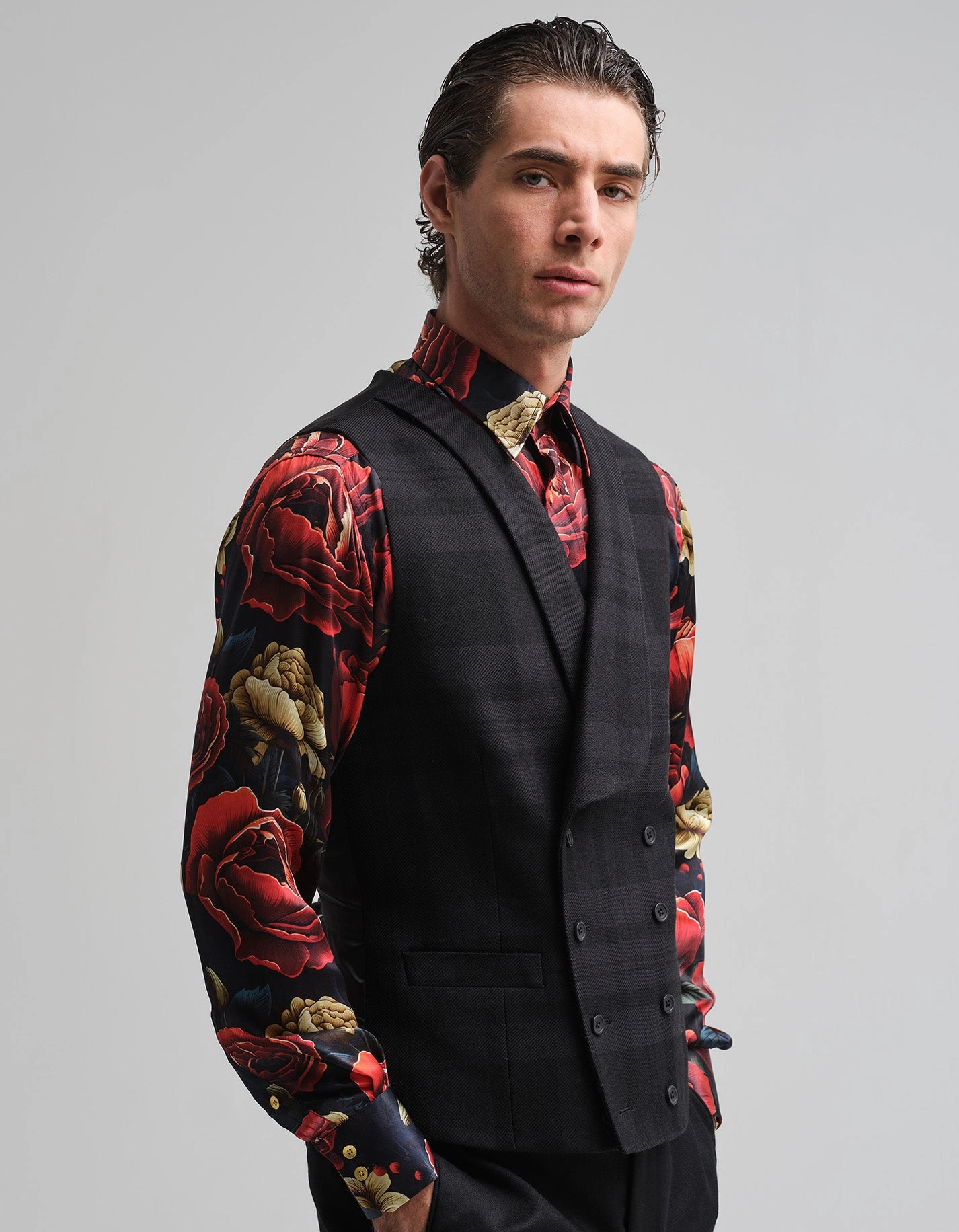 Tonal Black Tartan Waistcoat