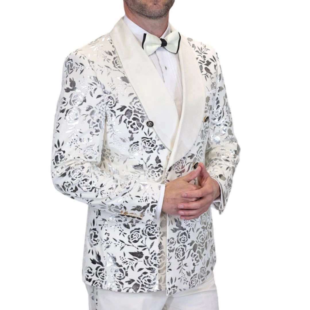 Trendish Collection: Ivory 2-Piece Double Breasted Velvet Shawl Lapel Tuxedo