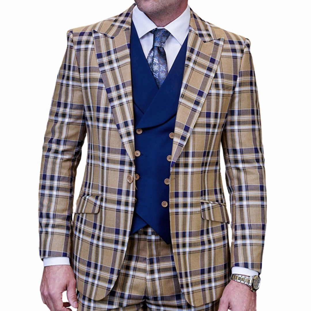 Vallario Collection: Camel 3-Piece Modern Fit Plaid Suit
