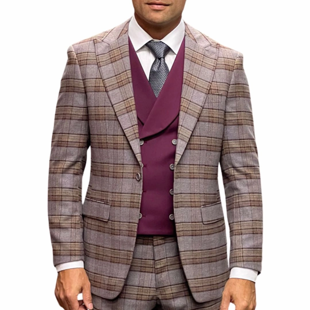Velarion Collection: Burgundy 3-Piece Plaid Modern Fit Suit