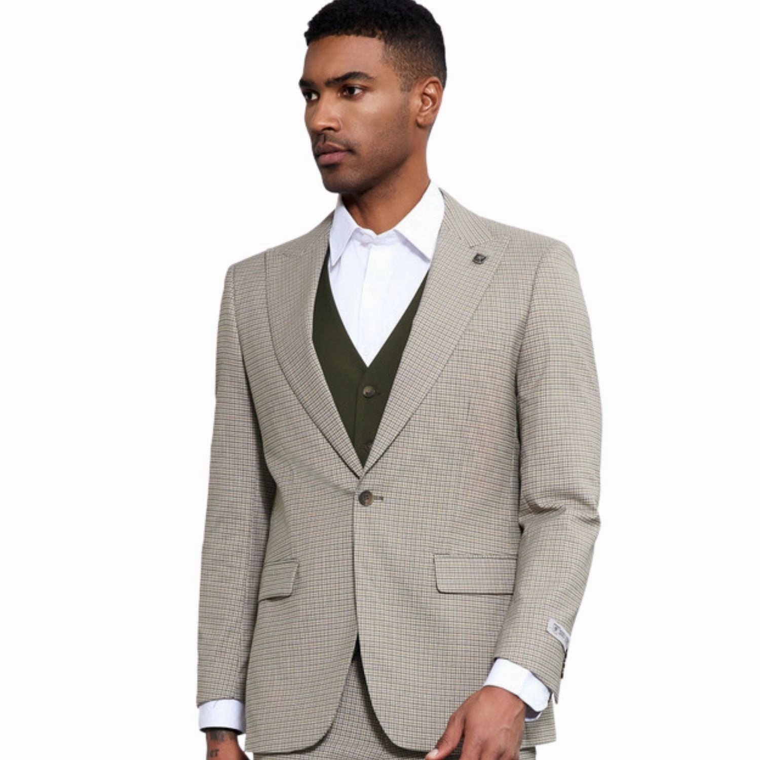 Verdant Eclipse Collection: Stacy Adams Glen Plaid 3 Piece Suit In Beige And Olive Green