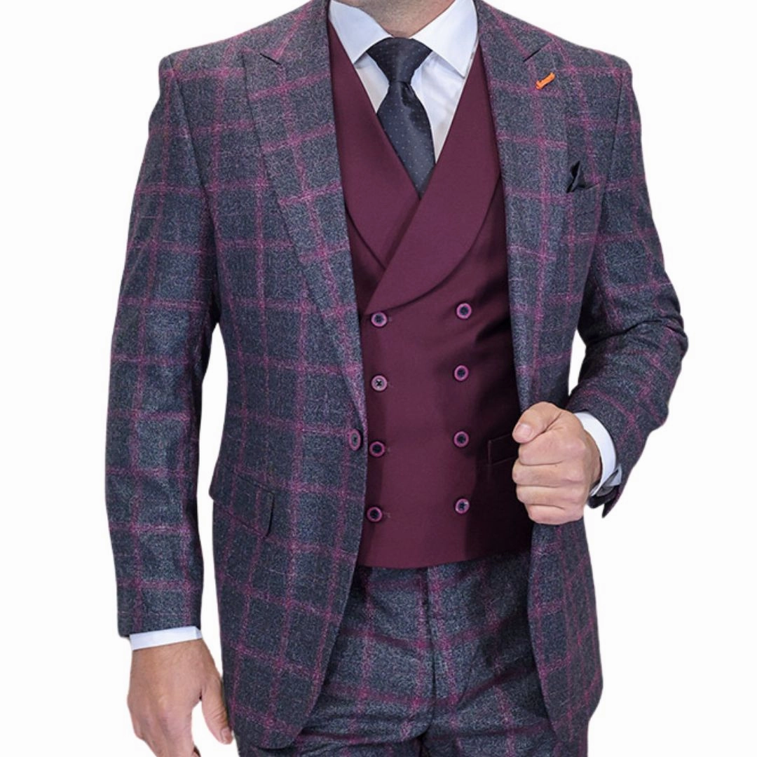 Veyron Collection: Statement Black-Burgundy 3-Piece Modern Fit Suit
