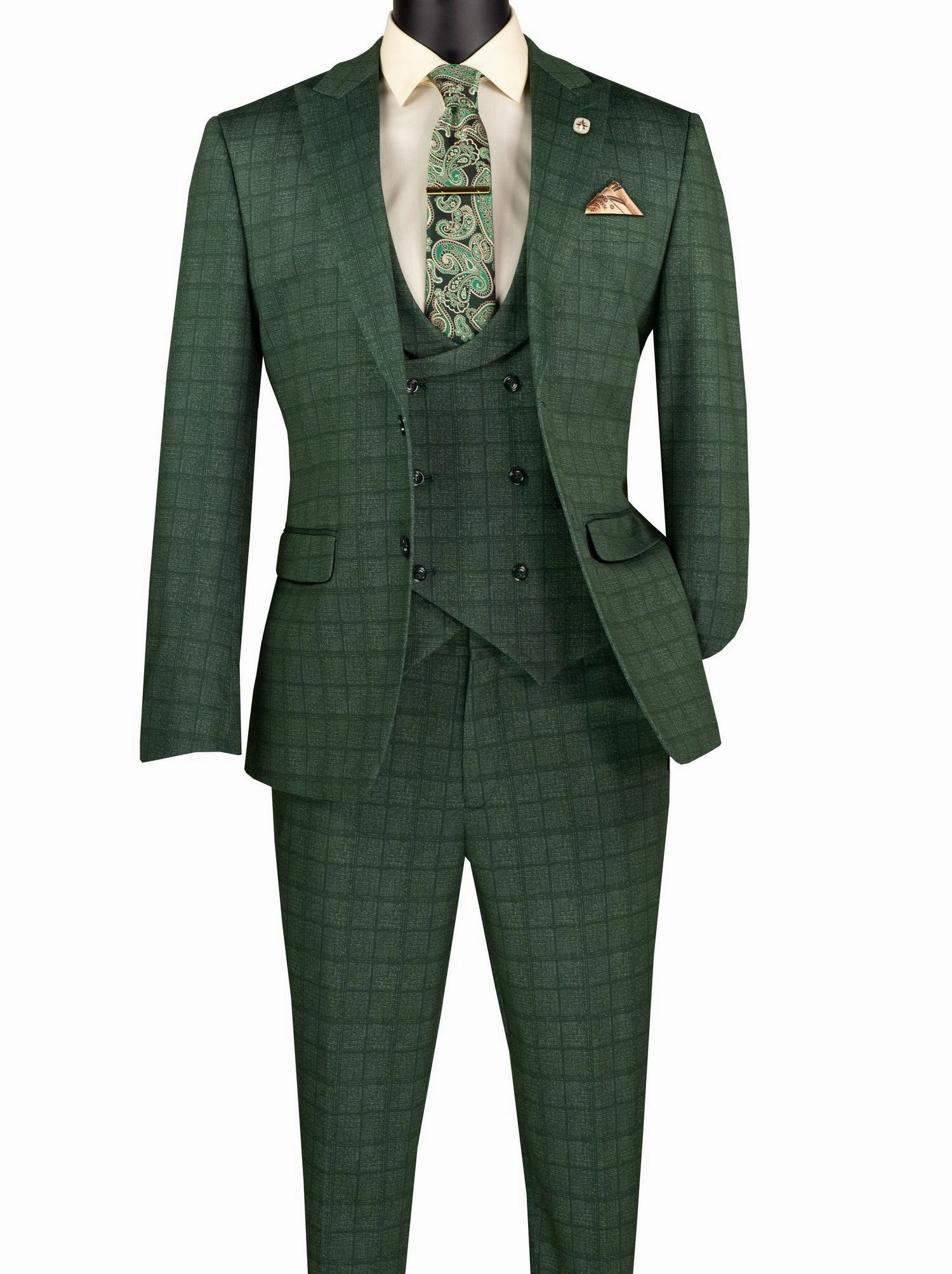 Vintique Collection: Glen Plaid Slim Fit Suit with Peak Lapel in Green