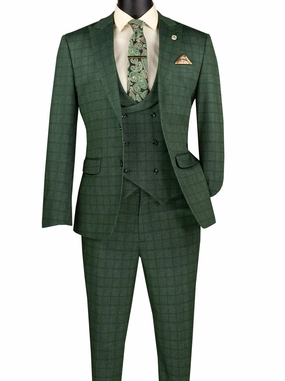 Vintique Collection: Glen Plaid Slim Fit Suit with Peak Lapel in Green