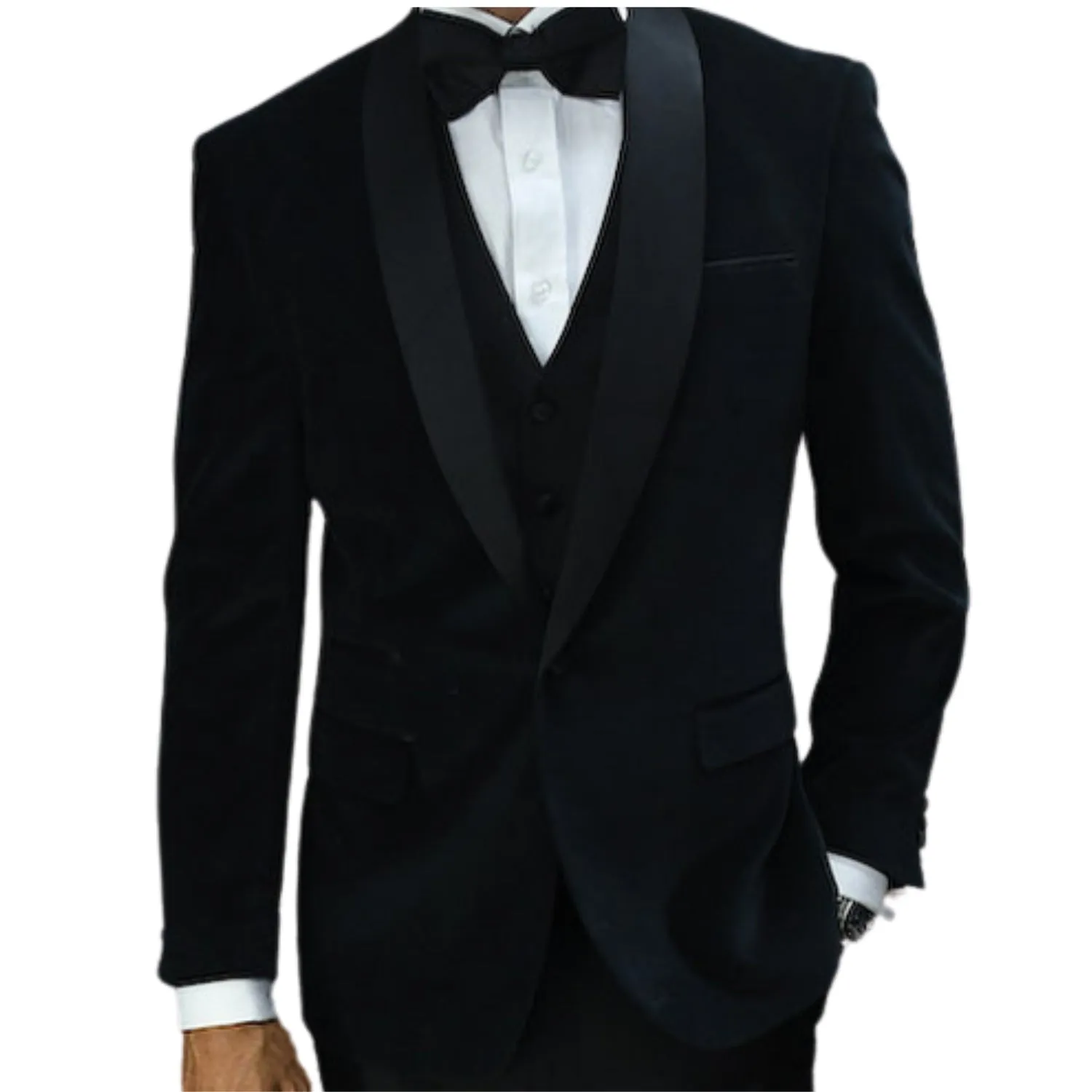 Viscount Collection: 2PC Black Velvet Suit - Tailored Fit with Flat Front Pants and Bow Tie
