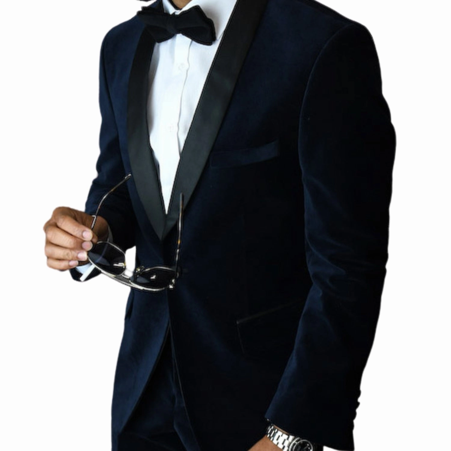 Viscount Collection: 2PC Navy Velvet Suit - Tailored Fit with Flat Front Pants and Bow Tie